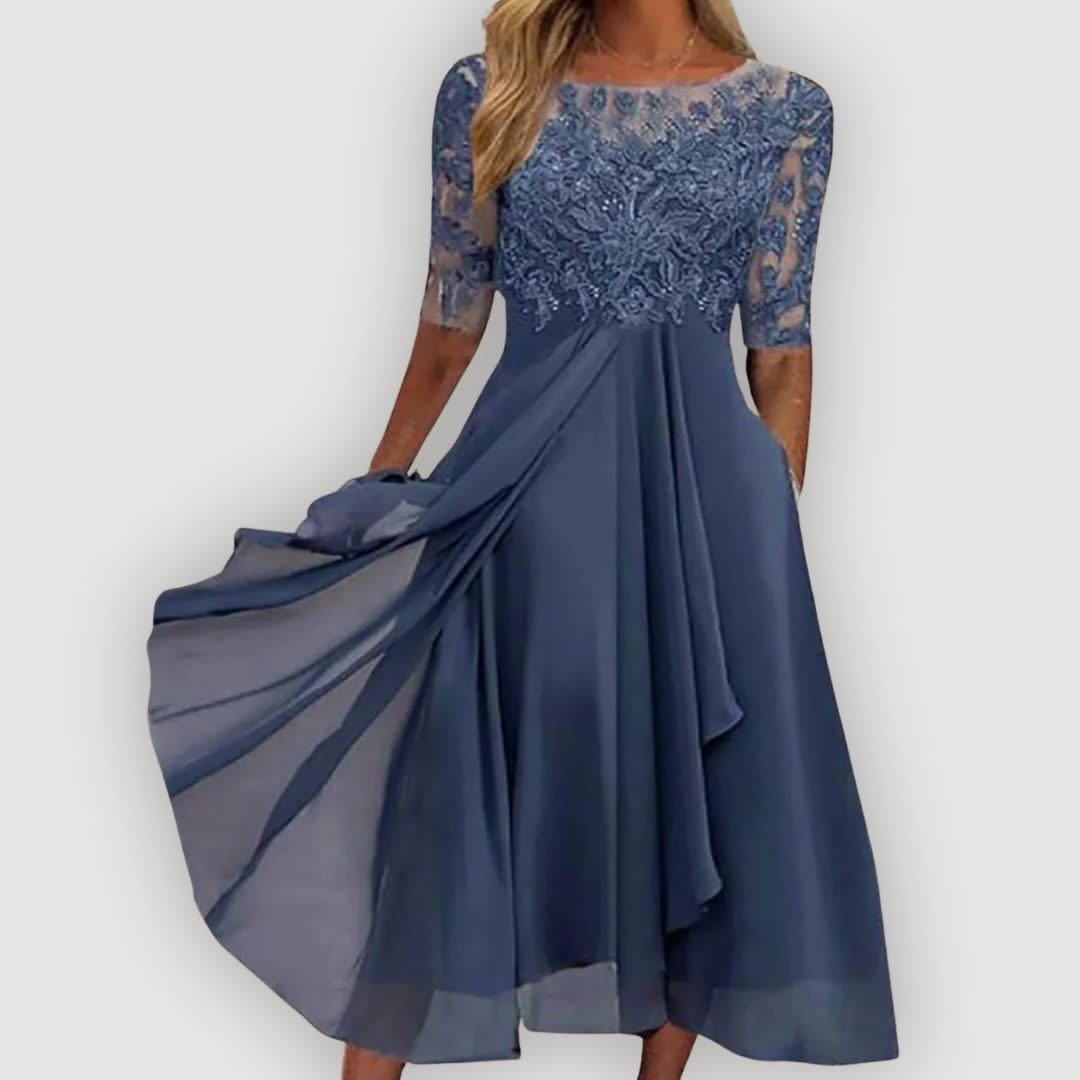 Women's Wedding Guest Chiffon Midi Dress with A Line Skirt