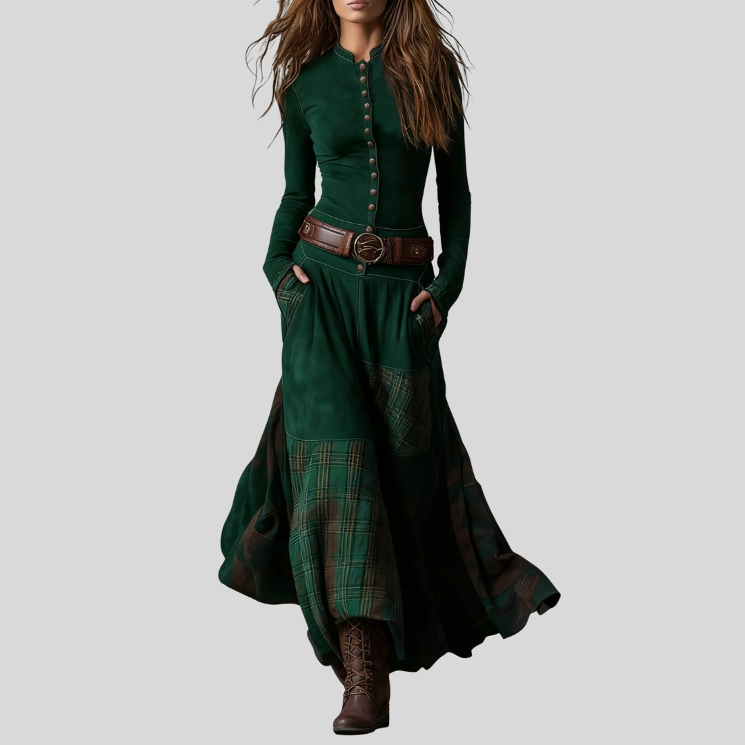 Yelena™ | VINTAGE LONG SUEDE CHECKERED DRESS