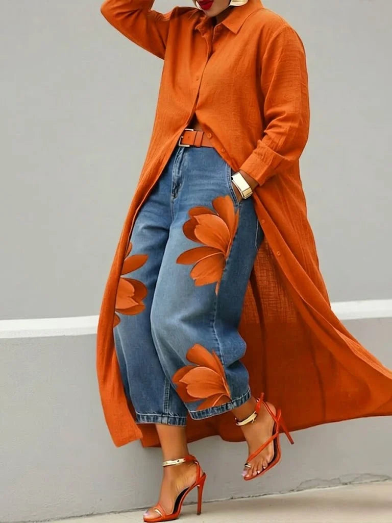 Mallory | Stylish Shirt Dress and Floral Jeans Set