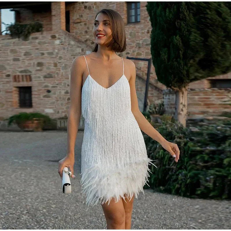 SEQUIN MINI DRESS | FRINGE DETAILING & FEATHER TRIM HEM