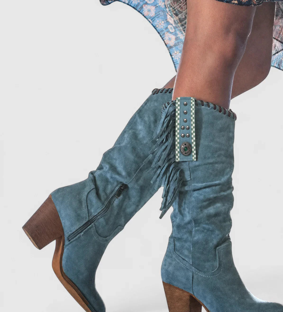 Women's orthopedic suede knee-high western boots with fringe and block heel