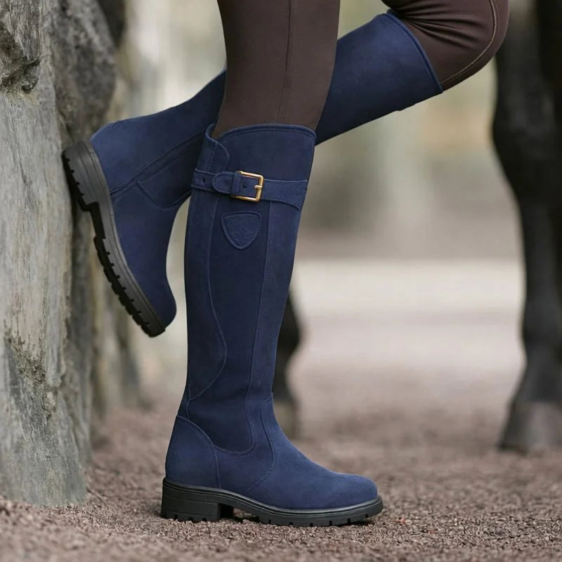 Women's waterproof brown riding boots with side zipper and buckle strap
