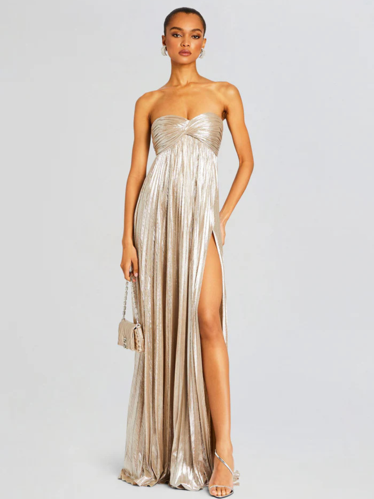 Women's Evening Strapless Maxi Dress with Twisted Bodice and High Slit