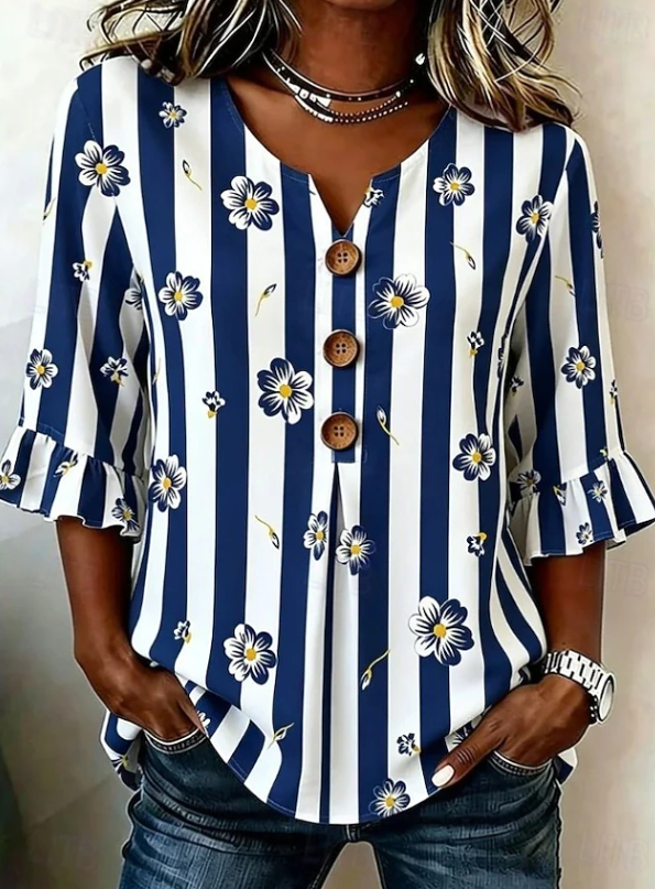 Zara | Striped Floral Bell Sleeve Blouse