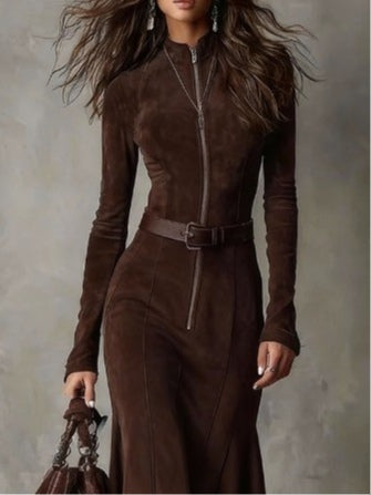 Roweno Brown Vintage Zipper Belted Midi Dress (Includes belt)