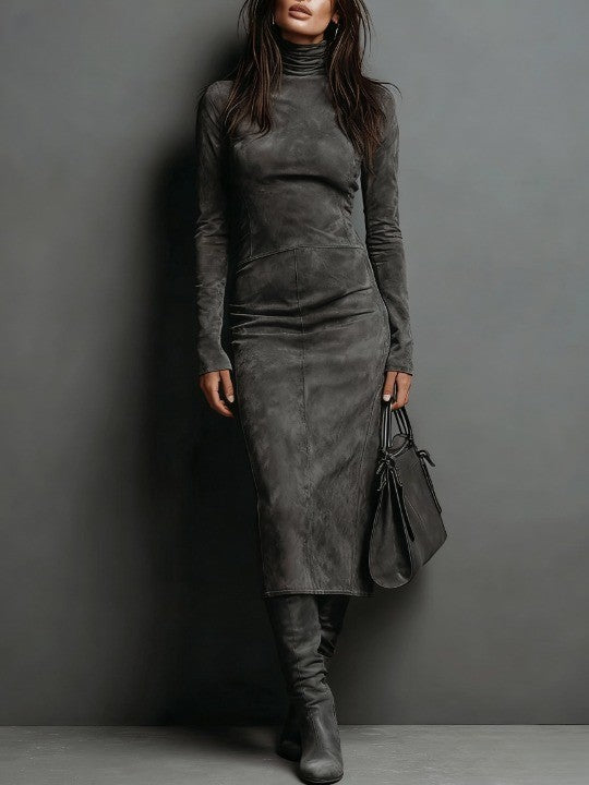 Seraphina High Neck Long Sleeve Suede Midi Dress