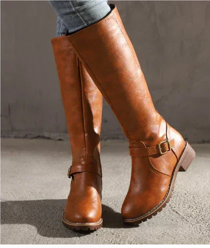 Women's leather knee-high boots with buckle strap and side zipper