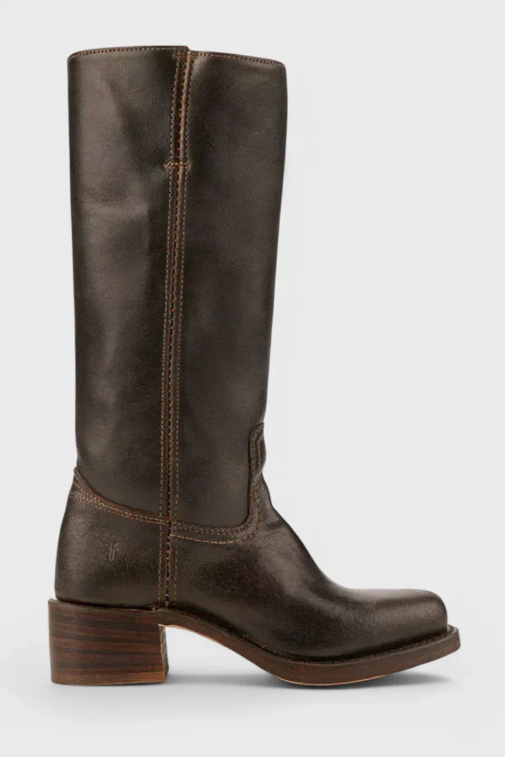 Women's leather mid-calf western-style boots with stacked-block heel