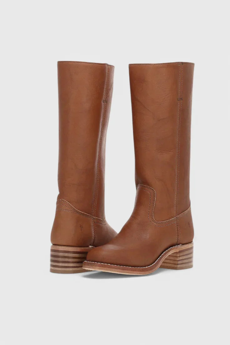 Women's leather mid-calf western-style boots with stacked-block heel