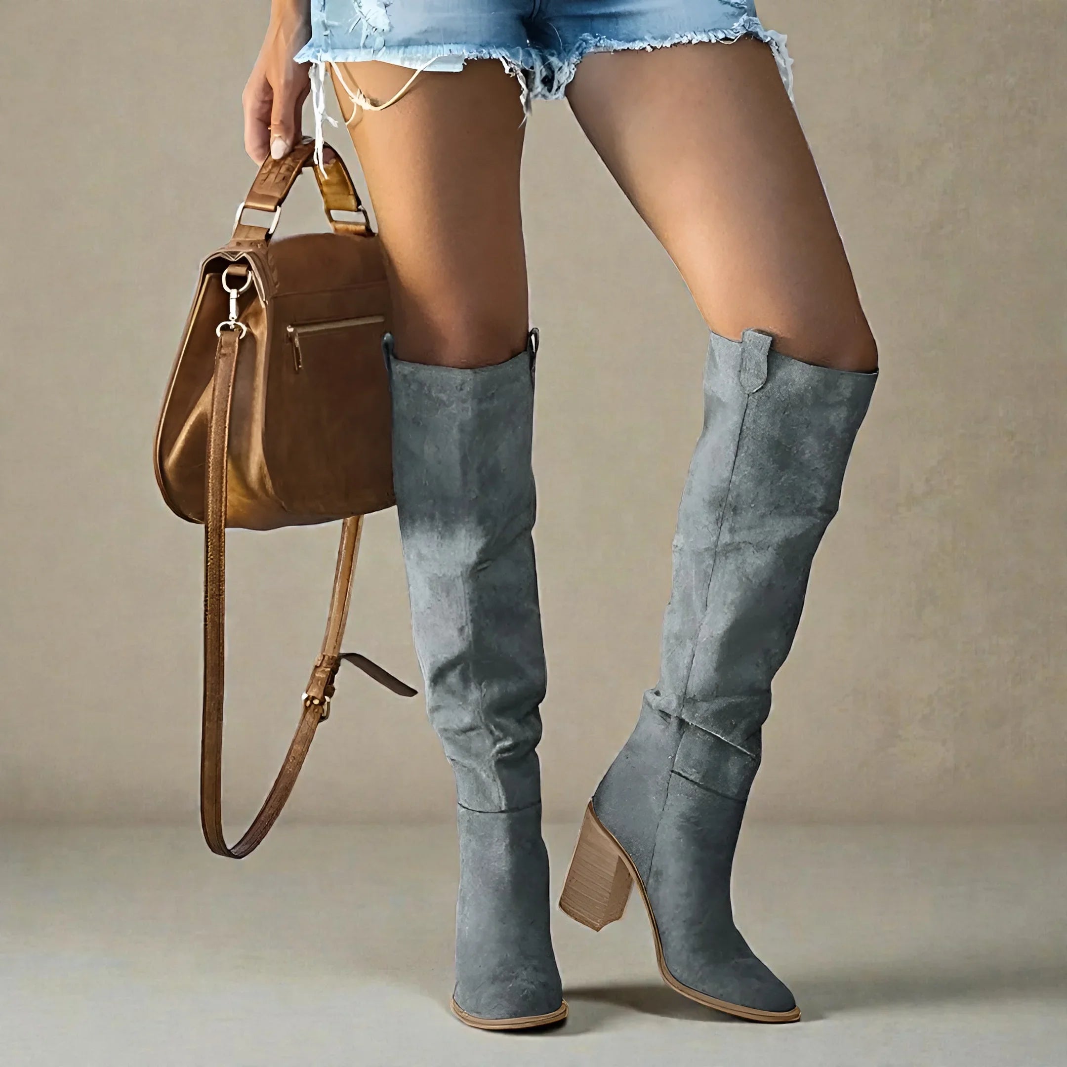 Women's orthopedic suede knee-high boots with slouchy block-heel pointed-toe