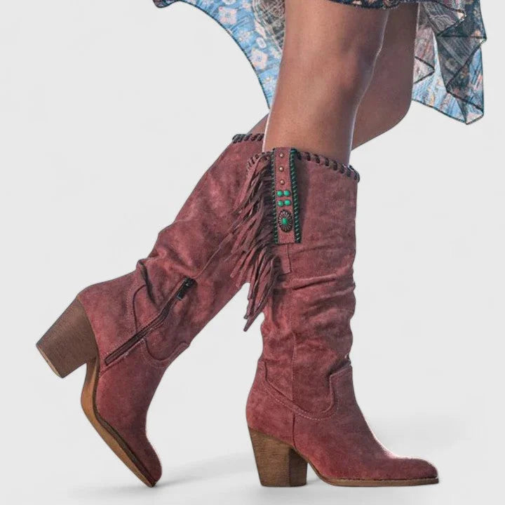 Women's orthopedic suede knee-high western boots with fringe and block heel