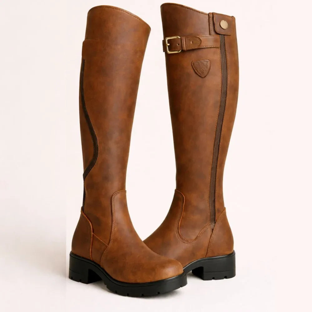 Women's waterproof brown riding boots with side zipper and buckle strap